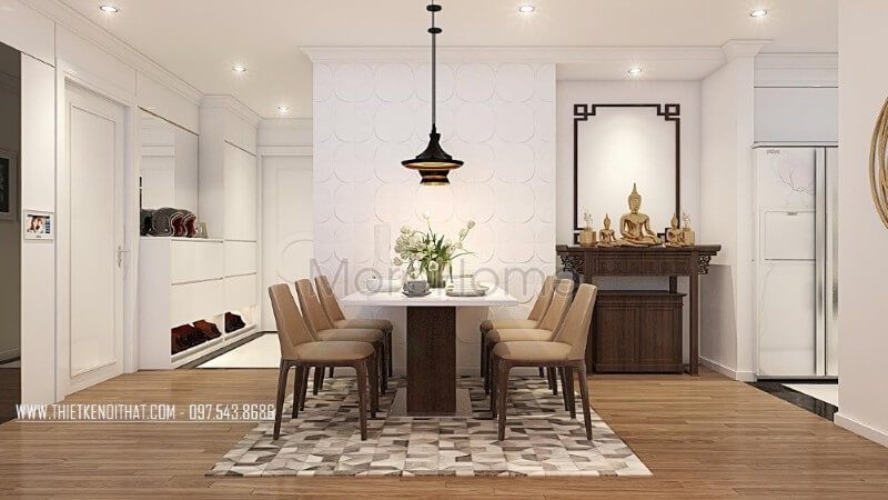 Không gian thờ cúng linh thiêng được kiến trúc sư đặt gọn gàng trong không gian sinh hoạt chung vừa đảm bảo phong thủy, vừa mang lại không gian thờ cúng trang trọng và thành kính của con cháu đối với người đã khuất trong gia đình