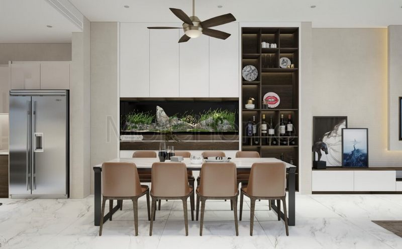 Kệ tủ rượu trang trí phòng ăn bằng gỗ với thiết kế nhẹ nhàng cho phòng bếp hiện đại