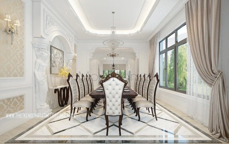 Nội thất phòng ăn gỗ tự nhiên được bố trí hợp lí mang đến sự sang trọng và thông thoáng, tạo cho gia chủ thuận tiện hơn