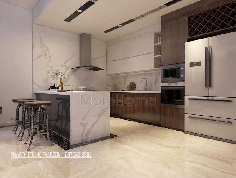 Mẫu tủ bếp gỗ công nghiệp màu nâu hiện đại với thiết kế nối dài được sử dụng để trang trí và phục vụ cho khu bếp của gia đình.